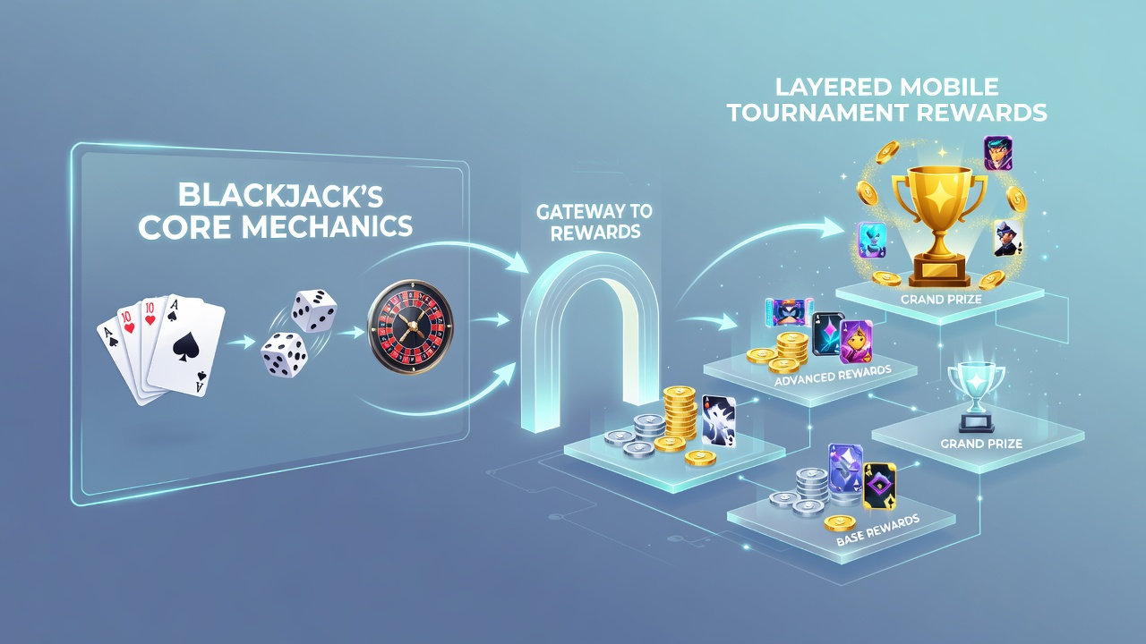 Mobile screen showing layered tournament rewards with blackjack hand outcomes mapped to point tiers