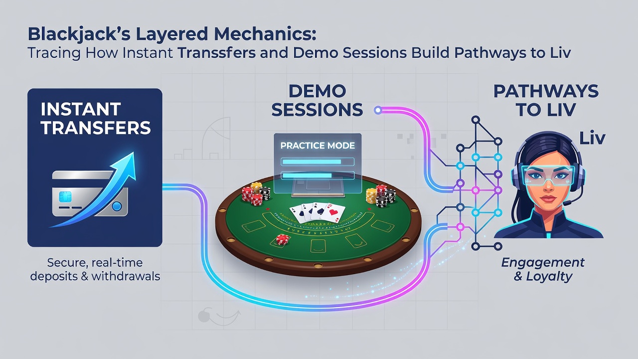 Illustration of blackjack tournament progression from demo practice through instant deposits to final payouts