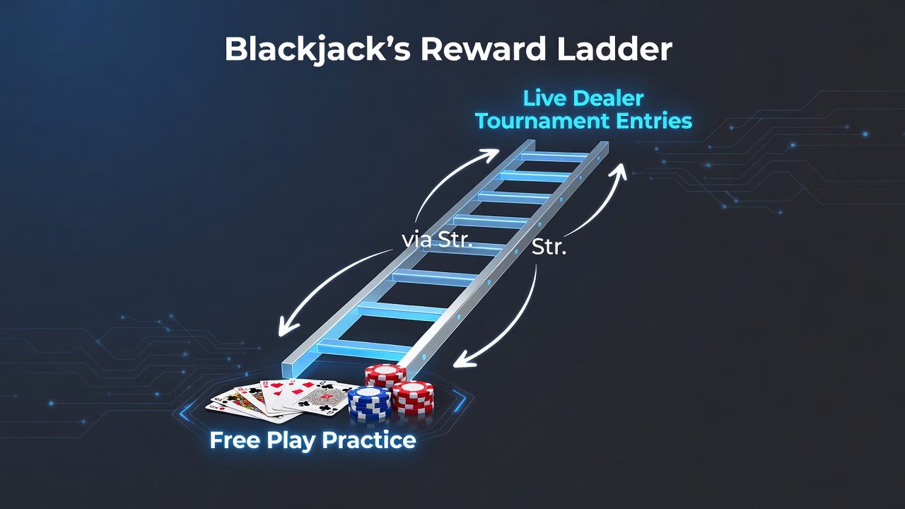 Live dealer blackjack table with mobile tournament interface showing deposit confirmation and entry status