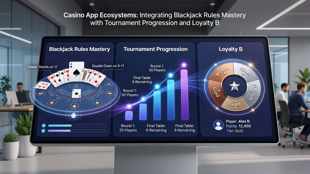 Loyalty dashboard within a casino app showing points accumulation from blackjack tournaments and tier progression indicators