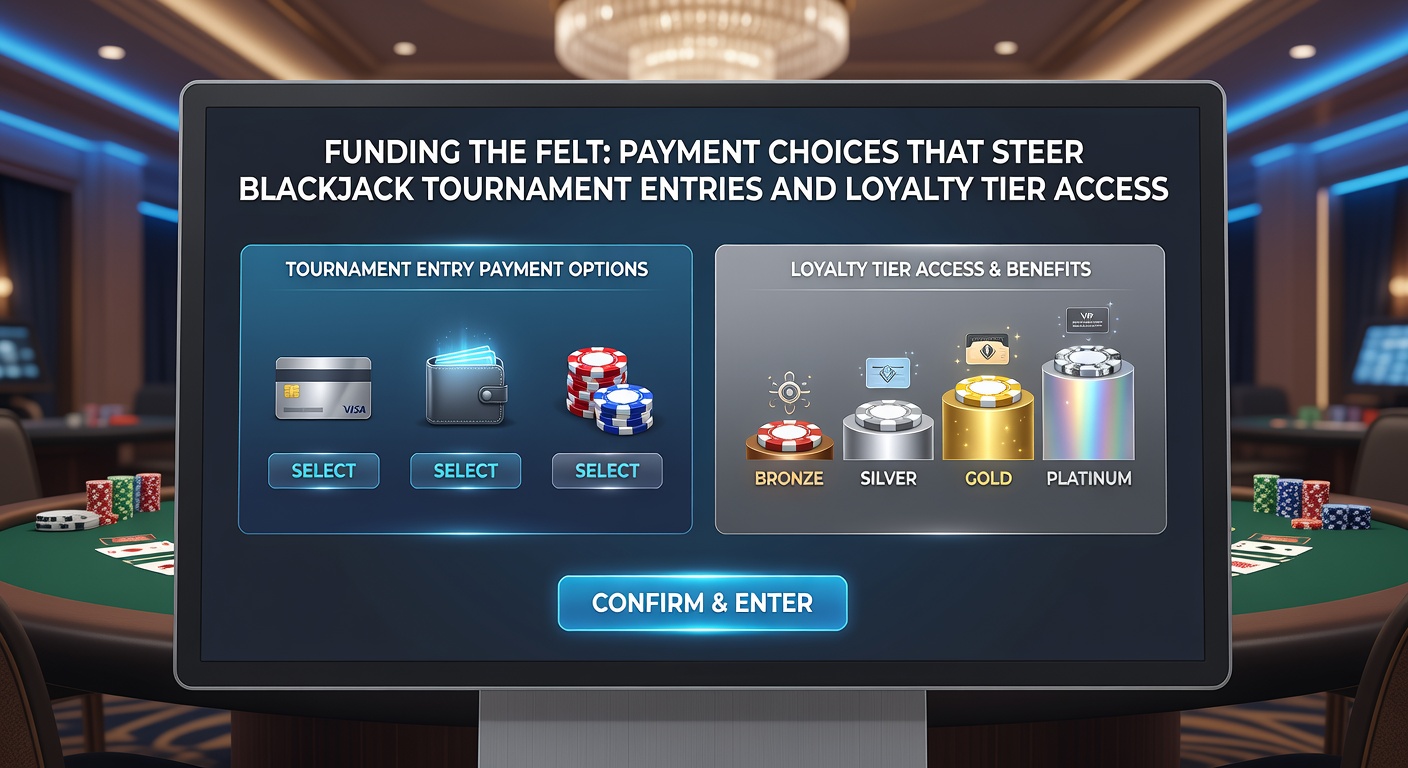 Loyalty tier progression chart alongside blackjack chips and digital payment interfaces