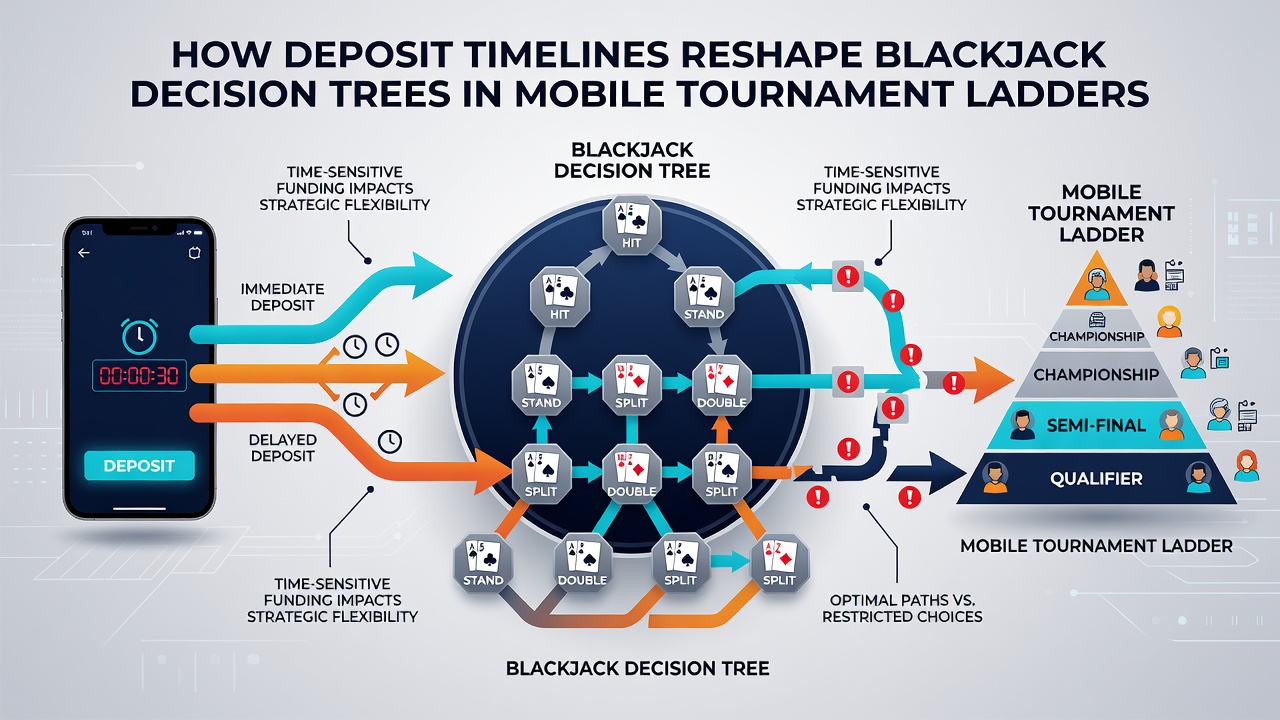 Flowchart diagram illustrating how deposit confirmation timing branches blackjack strategy choices during mobile ladder progression