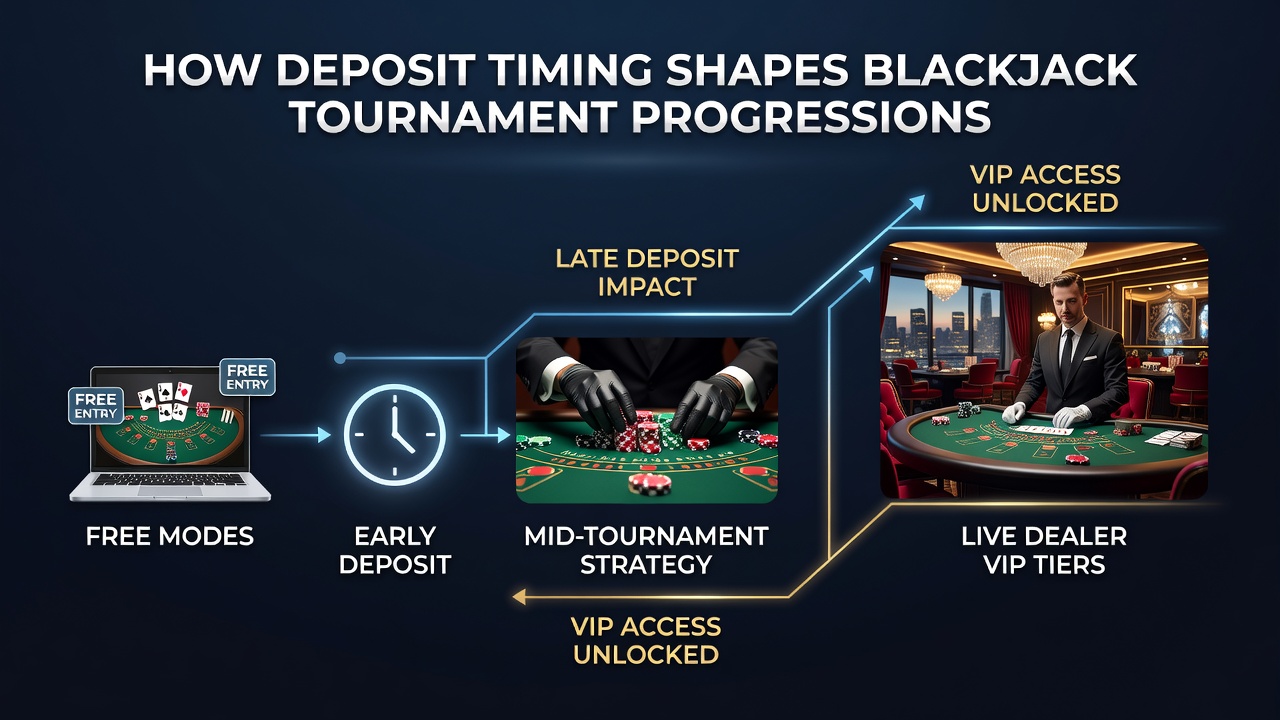 Live dealer blackjack table with players using mobile apps for timed deposits during tournament rounds