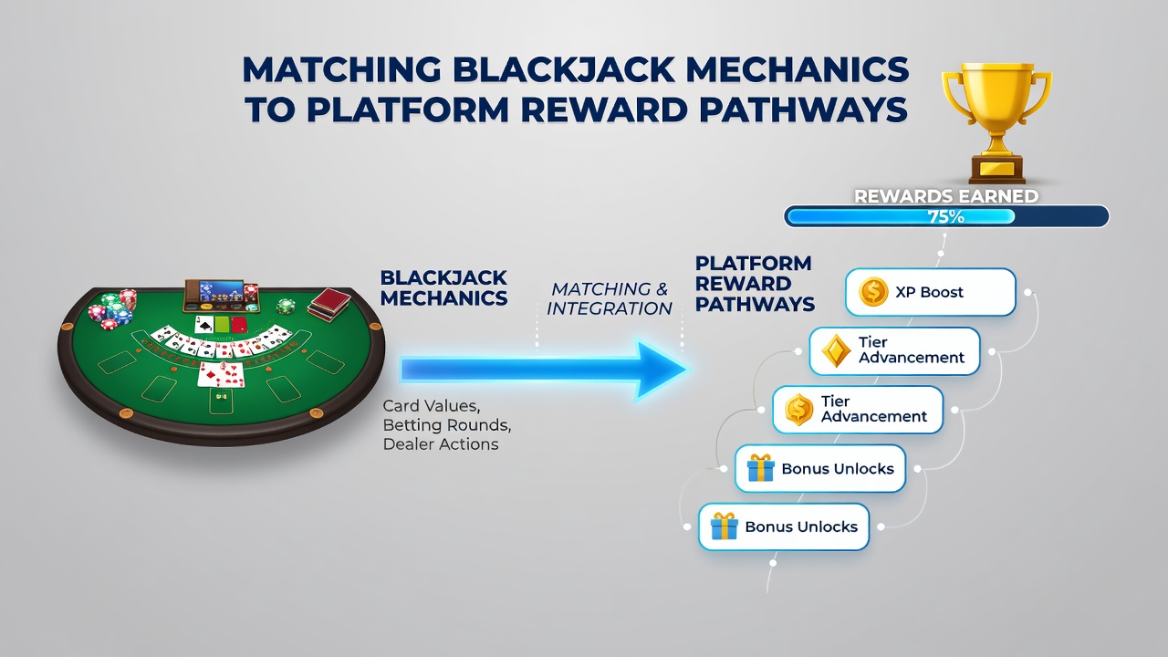 Digital dashboard displaying blackjack hand history synced with accumulated reward points and tier progress bars