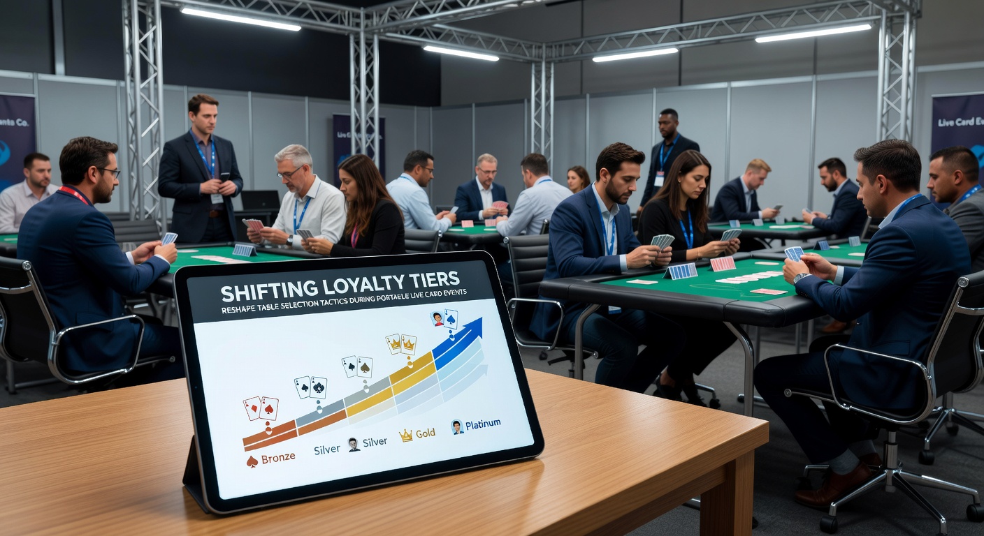 Mobile interface displaying loyalty tier progress and available live card tables during a portable casino event