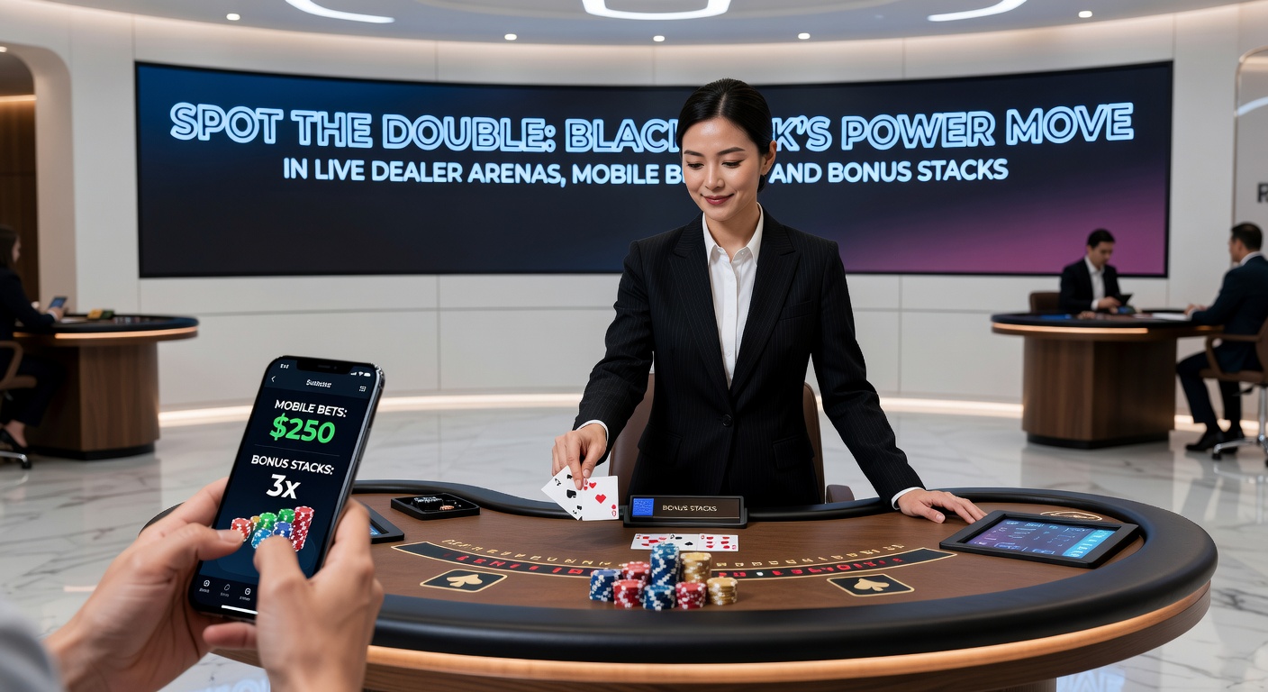 Mobile phone screen displaying a live blackjack double down bet in progress, with chips stacked and dealer card visible