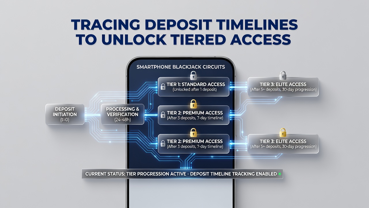 Timeline graphic illustrating deposit stages from initiation through verification to tier unlock in a mobile blackjack app